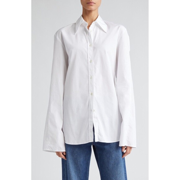 BITE Studios Women's Fluted Sleeve White Button-Up Curved Blouse size 4 NWT - Picture 1 of 12